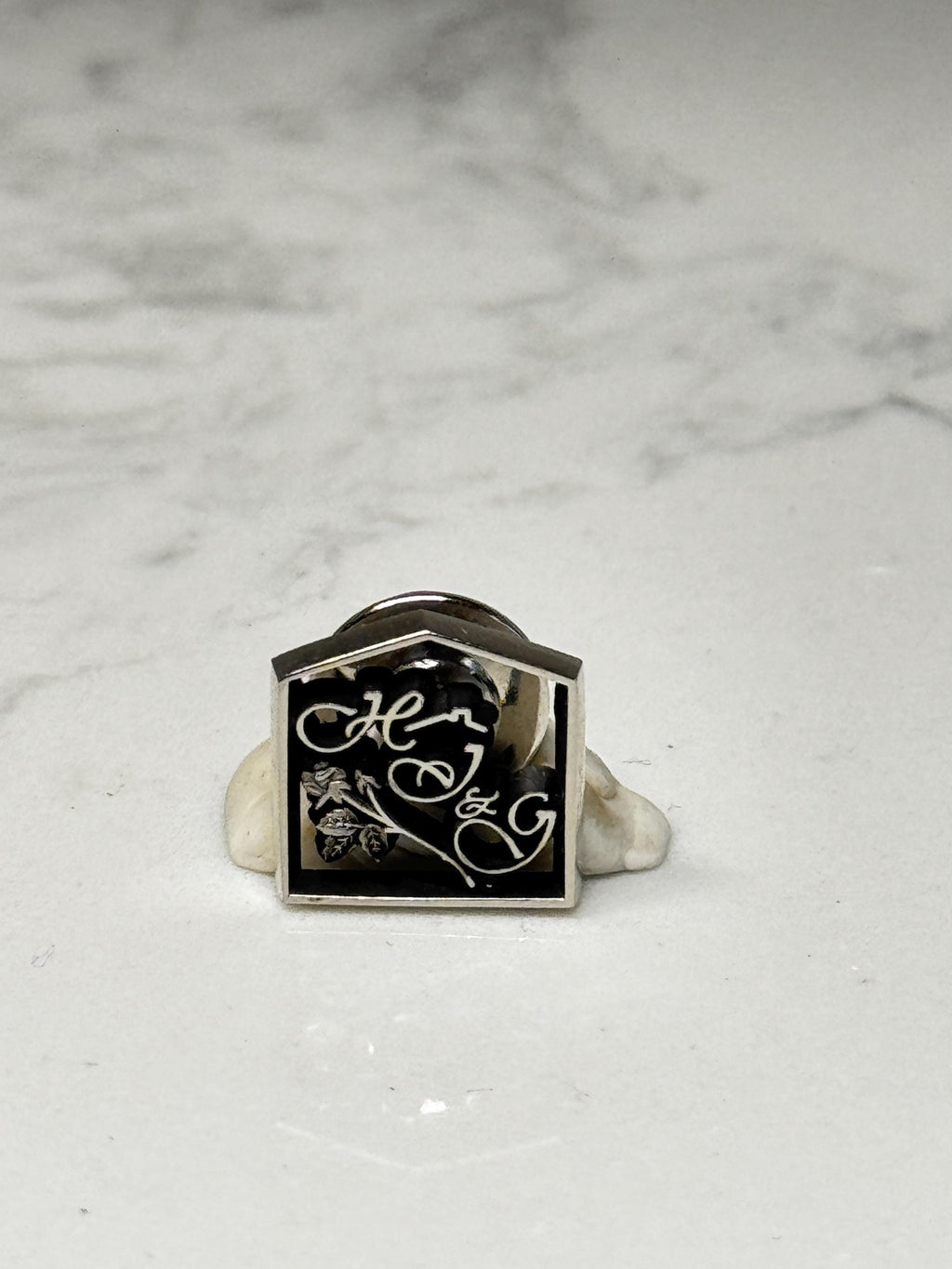 Vintage HJ&G Logo Pin: Silver Tone Black Enamel Brooch – Vintage Doll Collector Badge