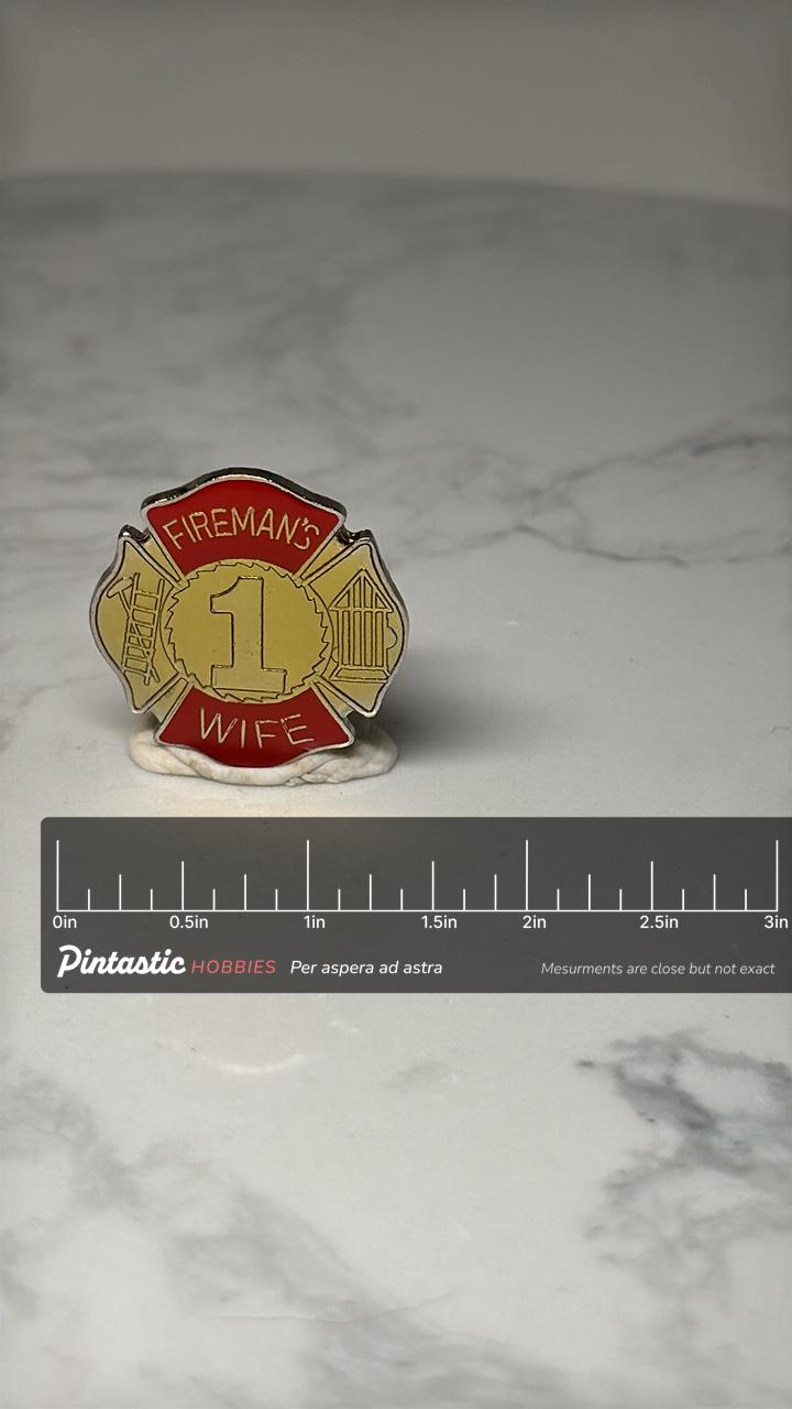 Fireman's Wife Maltese Cross Pin: Red Gold Enamel - Fire Dept Accessory with ruler overlay for size reference