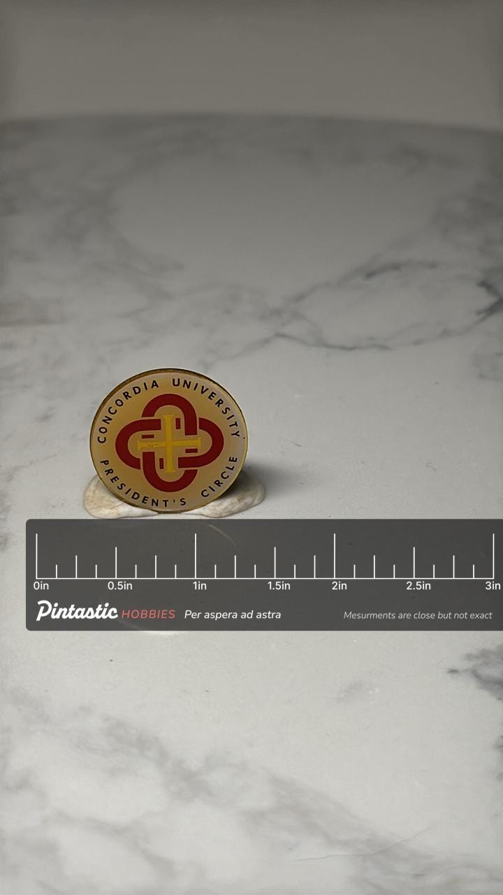 Concordia University President's Circle Pin: Red Gold Enamel - College with ruler overlay for size reference