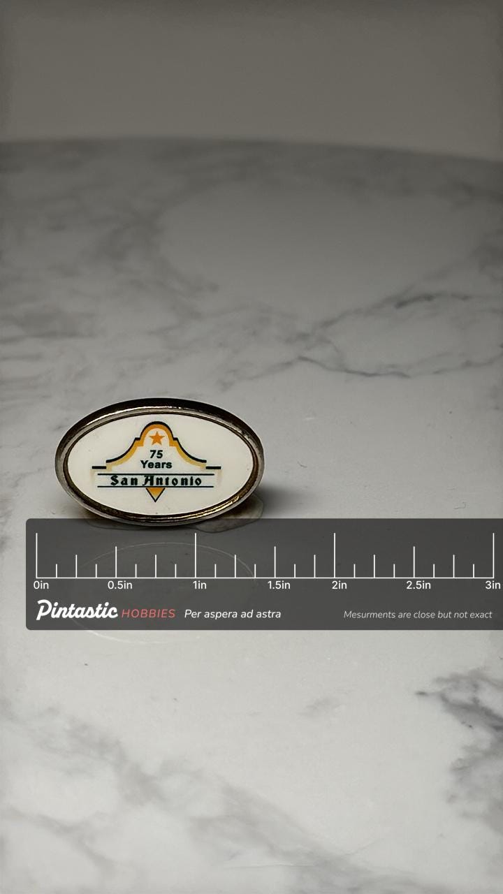 San Antonio 75 Years Lapel Pin: White Enamel Gold Tone - Texas Commemorative Accessory with ruler overlay for size reference