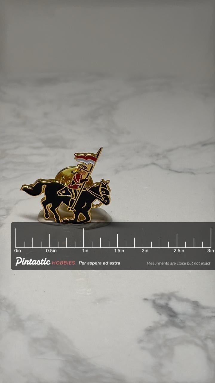 Vintage RCMP Musical Ride Pin: Royal Canadian Souvenir Enamel Pin with ruler overlay for size reference