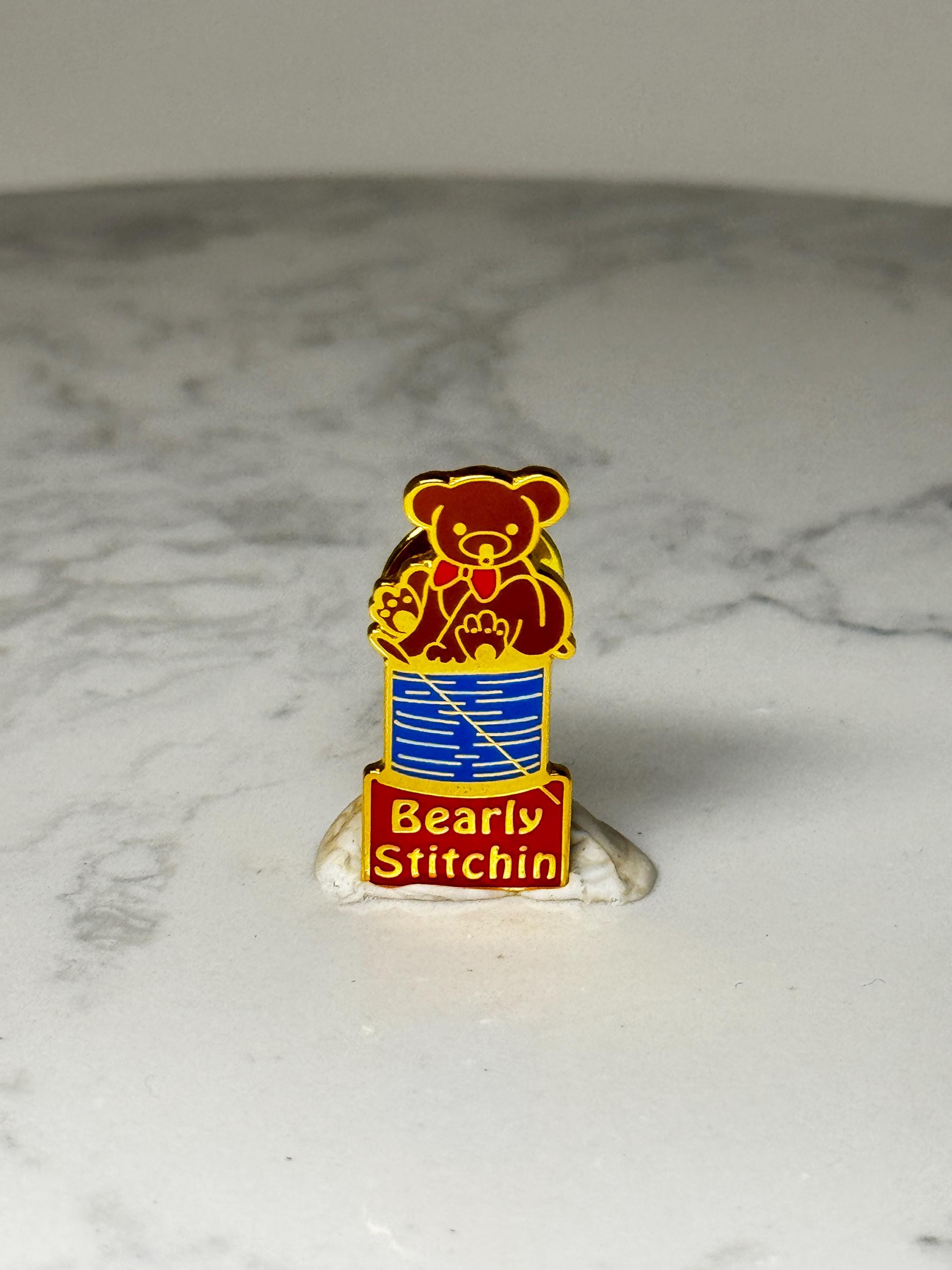 Bearly Stitchin Sewing Pin: Gold Tone Enamel - Craft Humor Accessory