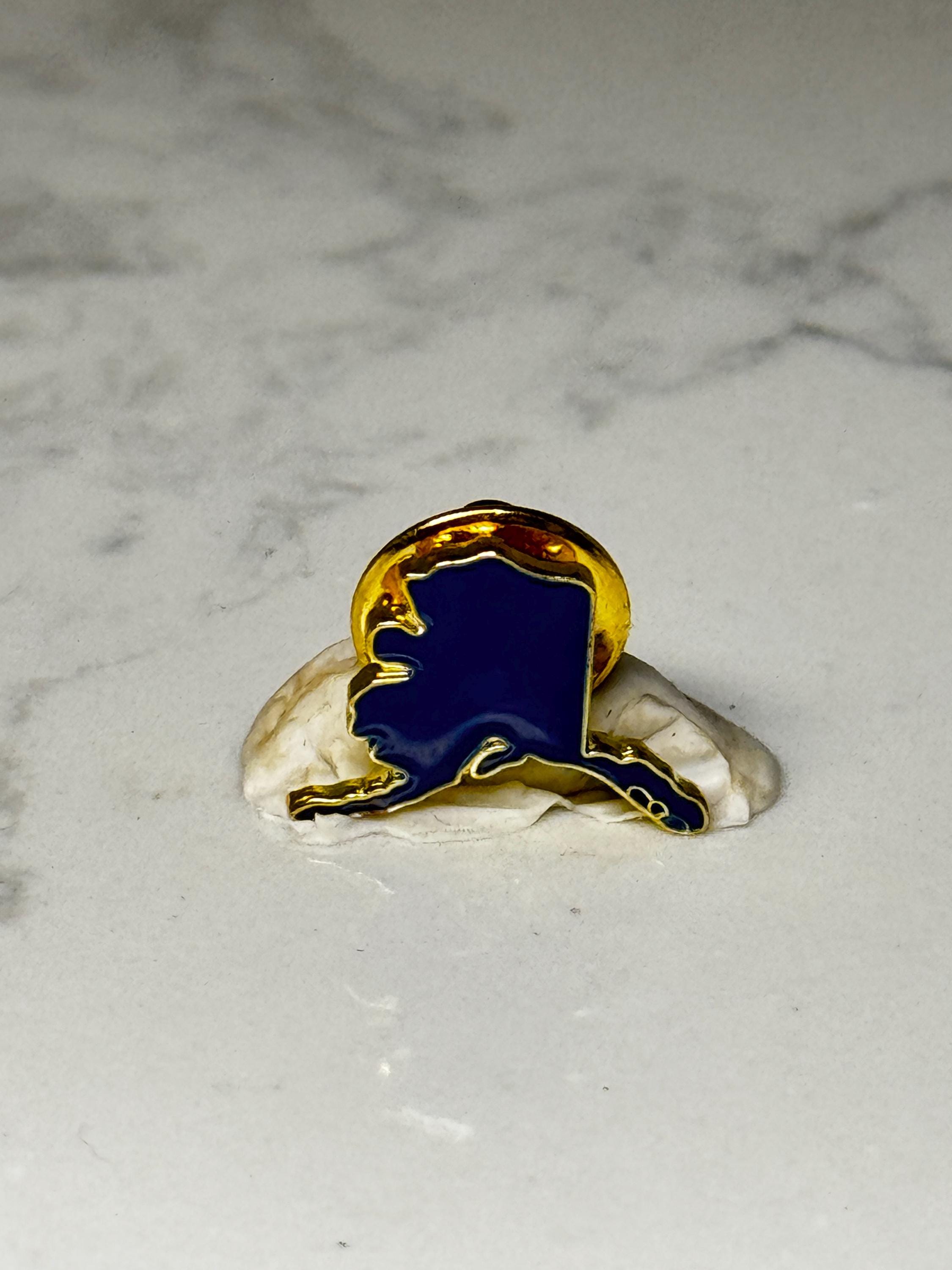 Alaska State Map Lapel Pin: Blue Enamel Gold Tone - Travel Souvenir