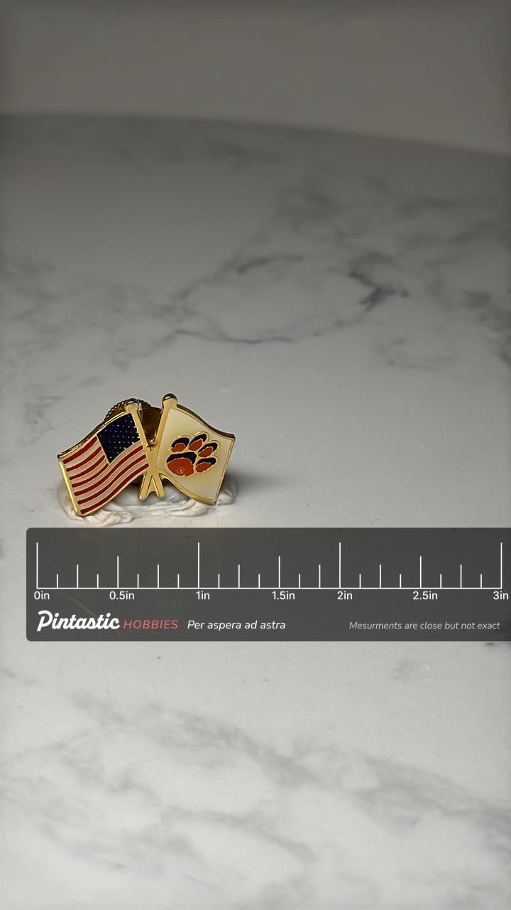 USA Flag & Paw Print Lapel Pin: Gold Tone Enamel - Patriotic Accessory with ruler overlay for size reference