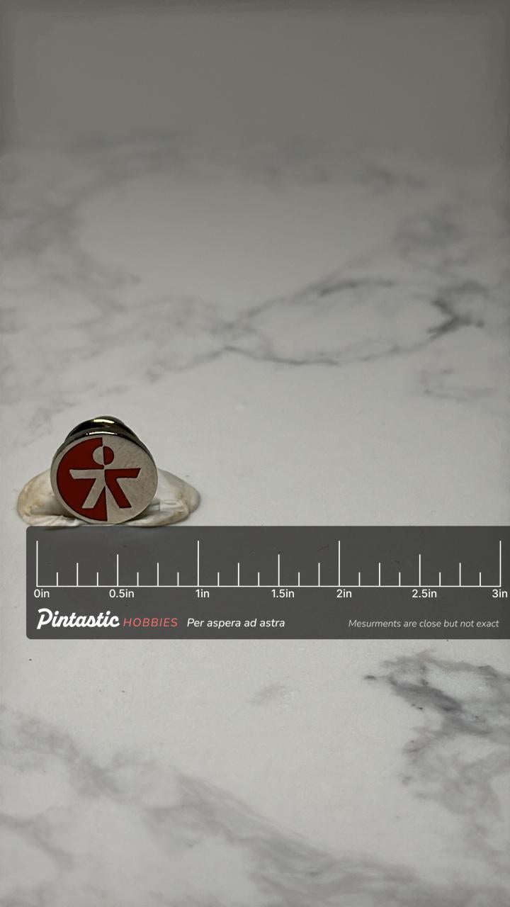 Vintage Tennyson Center for Children Lapel Pin: Silver Tone Red Employee – Nonprofit Logo Pin with ruler overlay for size ref