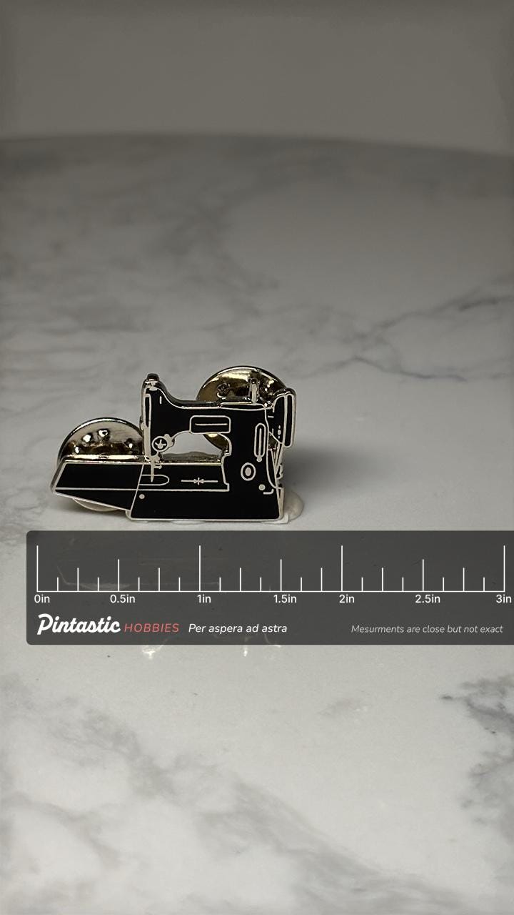 Sewing Machine Enamel Pin: Black & Silver - Tailor Craft Accessory with ruler overlay for size reference