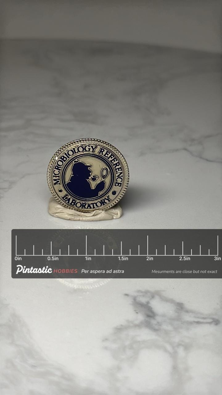 Microbiology Reference Laboratory Pin: Gold Tone Enamel - Science with ruler overlay for size reference