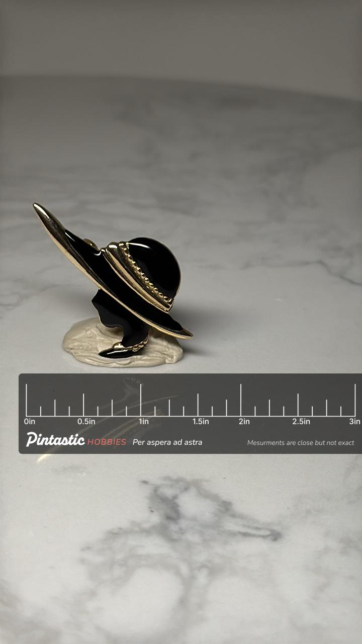 Vintage Lady Silhouette Lapel Pin: Black Hat Gold Tone Brooch – Elegant Fashion Enamel Pin with ruler overlay for size refere