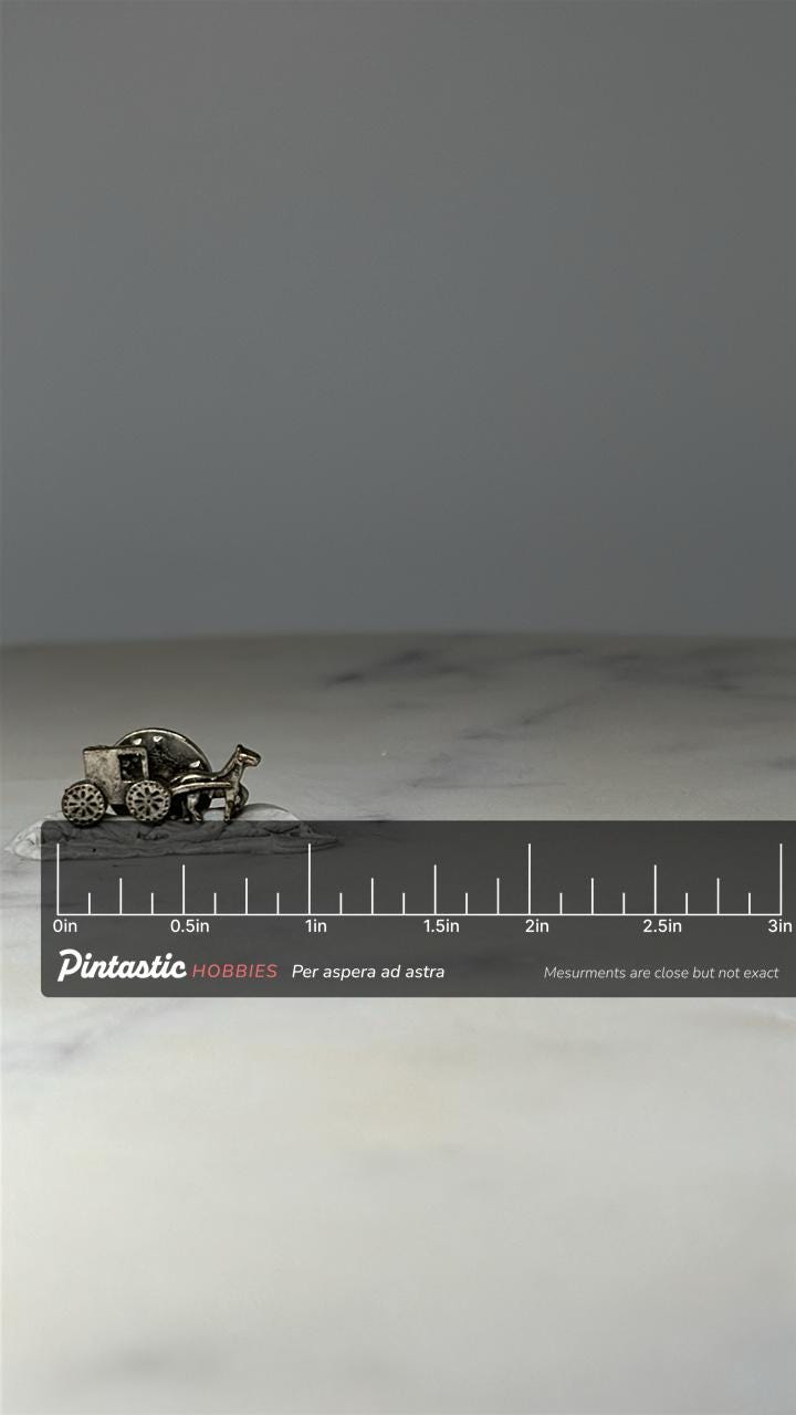 Horse Drawn Buggy Pin: Silver Tone - Amish Country Accessory with ruler overlay for size reference