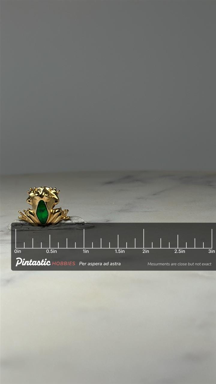 Frog Figural Lapel Pin: Gold Tone with Green Stone - 1980s Accessory with ruler overlay for size reference