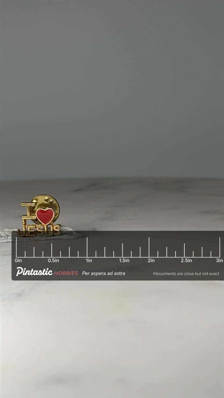 I Love Jesus Lapel Pin: Gold Tone Red Heart - Religious Accessory with ruler overlay for size reference