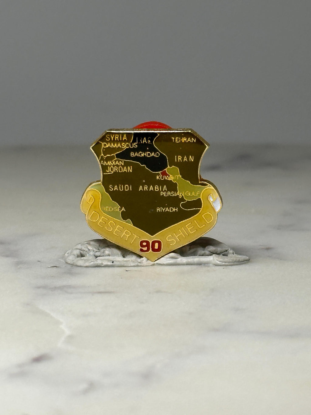 Desert Shield 90 Military Map Pin: Gold Tone Enamel - Gulf War Era Accessory