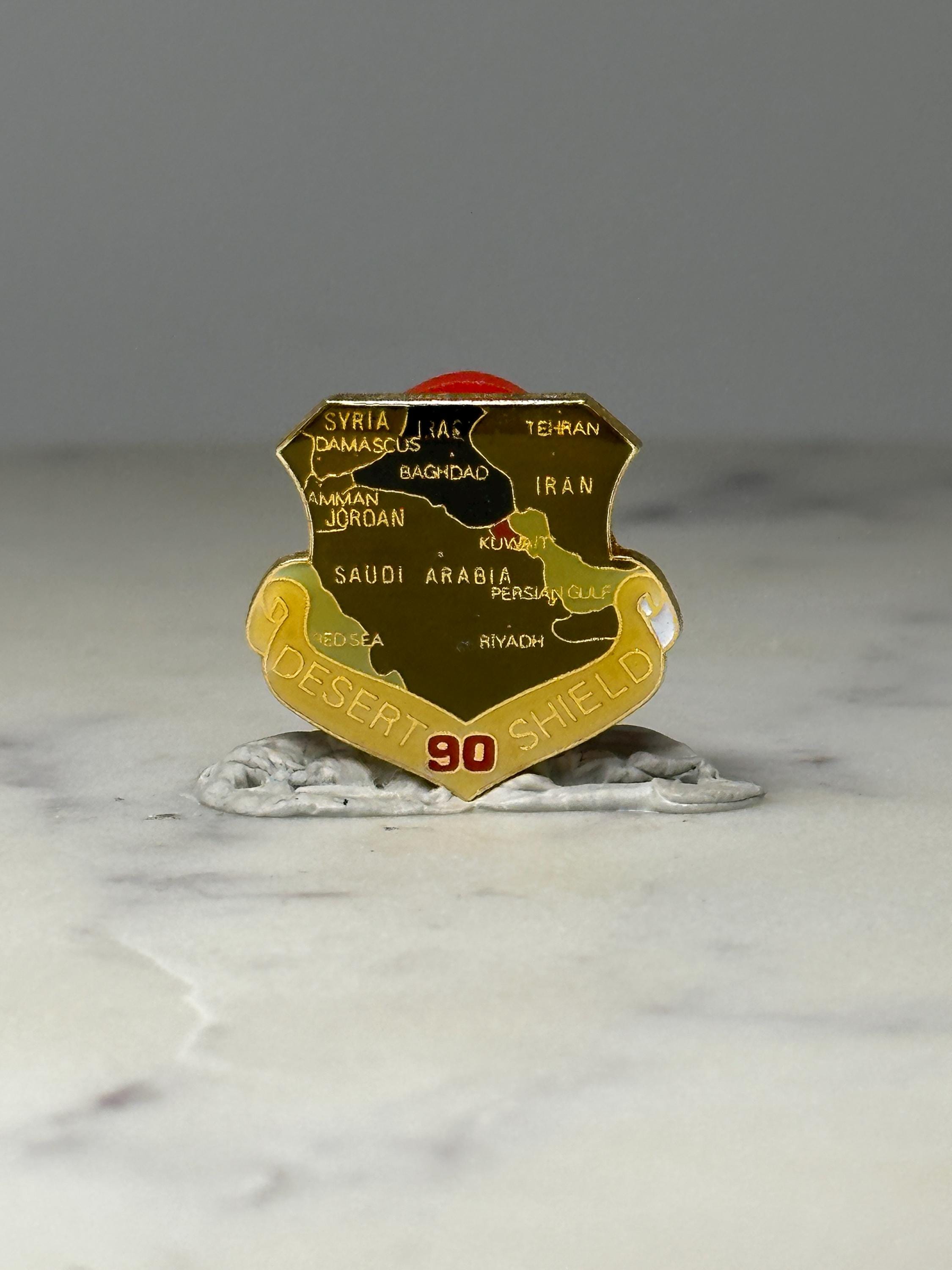 Desert Shield 90 Military Map Pin: Gold Tone Enamel - Gulf War Era Accessory