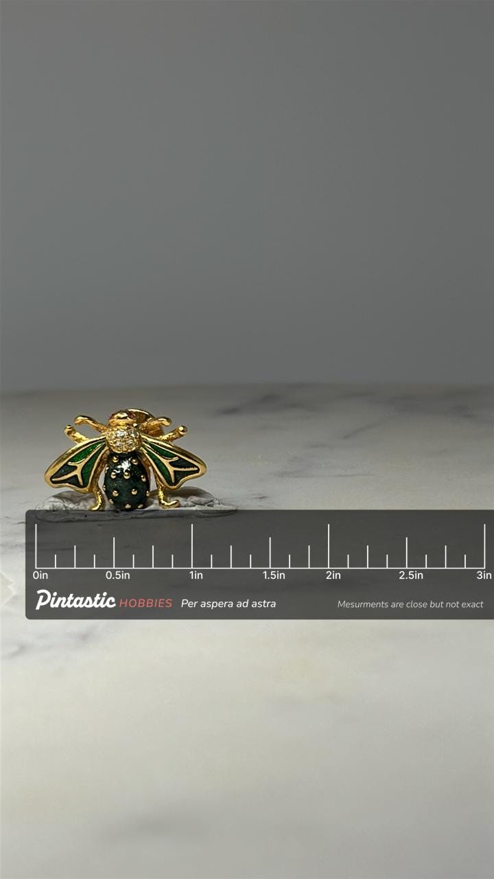 Ladybug Insect Lapel Pin: Gold Tone Green Enamel - Nature Accessory with ruler overlay for size reference