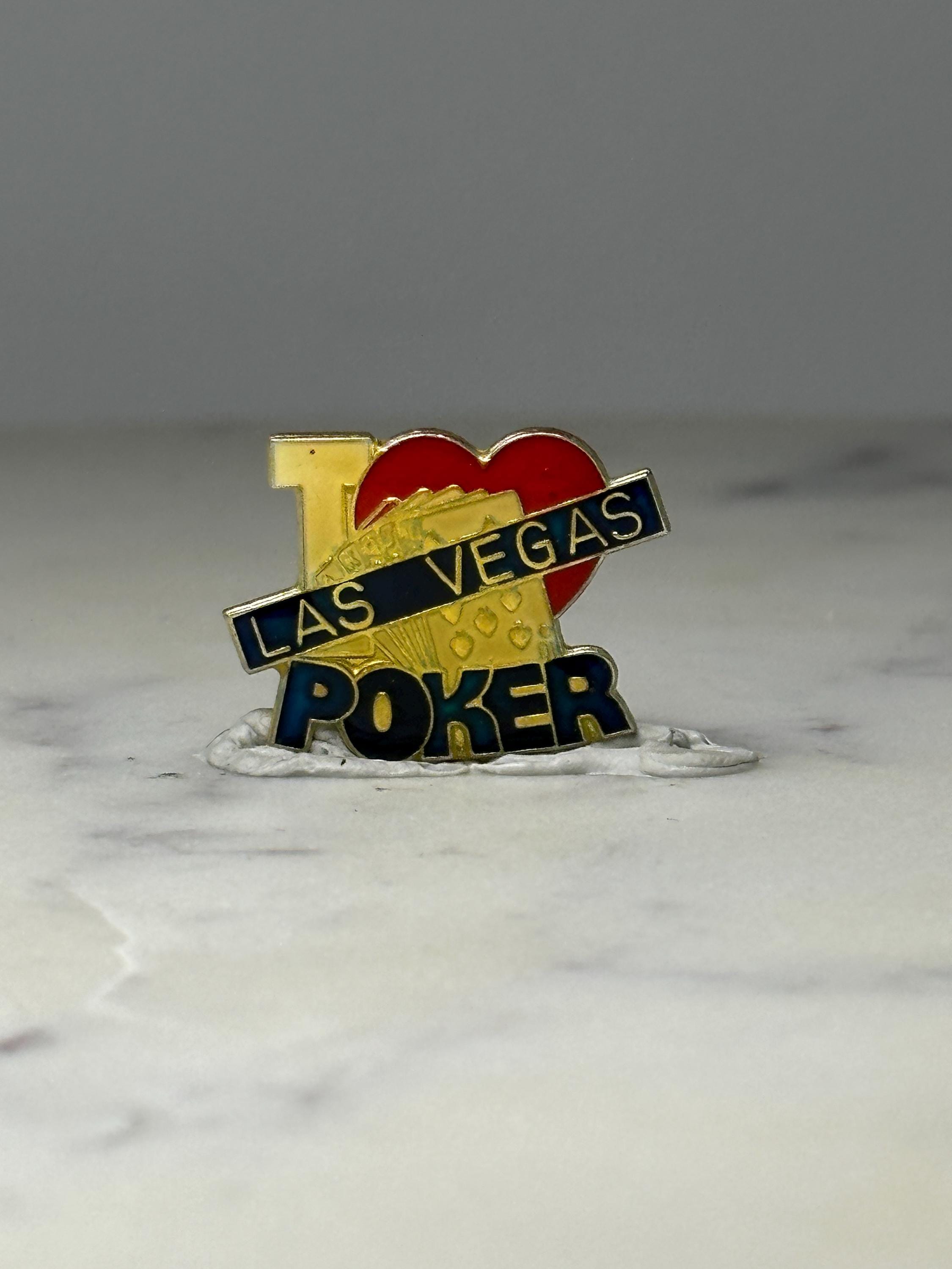 I Love Las Vegas Poker Pin: Gold Tone Enamel - Vintage Casino Souvenir