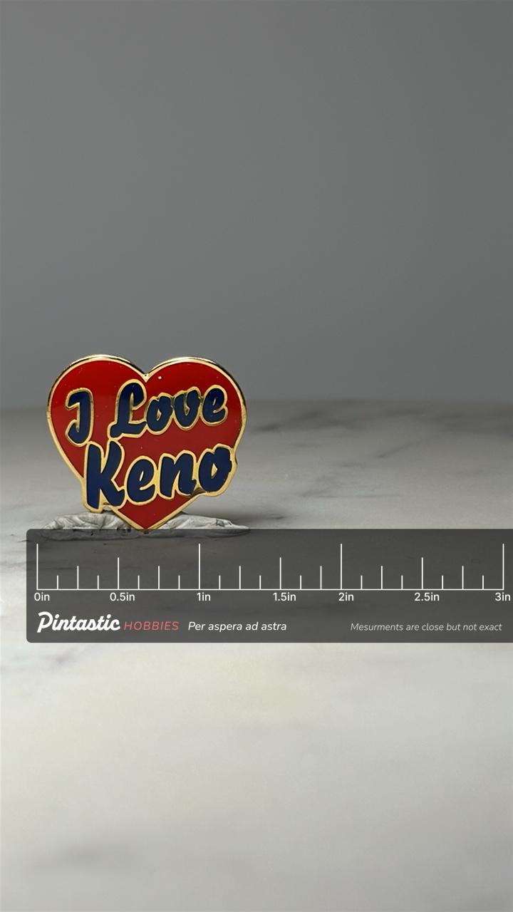 I Love Keno Heart Pin: Red & Blue Enamel - Vintage Souvenir Accessory with ruler overlay for size reference