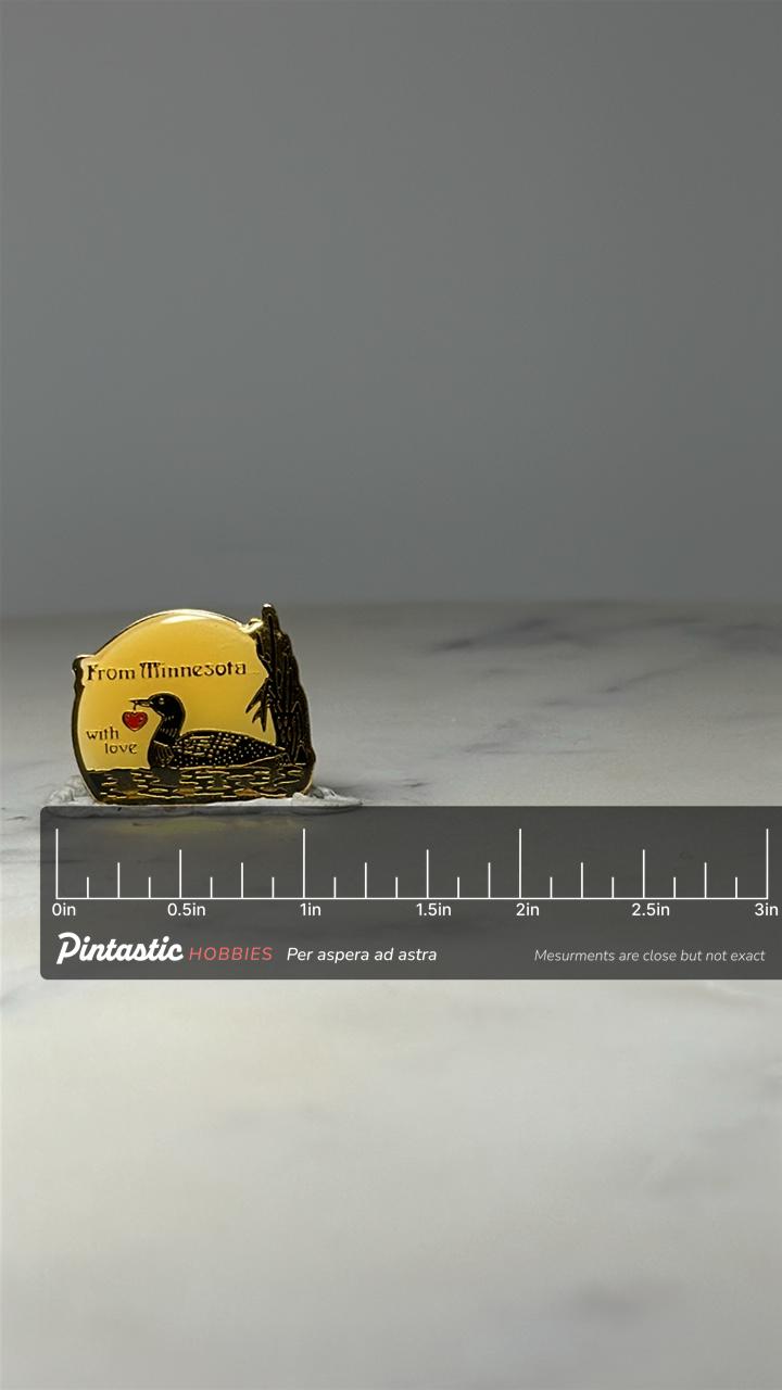 Minnesota Loon Enamel Pin: Yellow Sunset - State Souvenir Accessory with ruler overlay for size reference