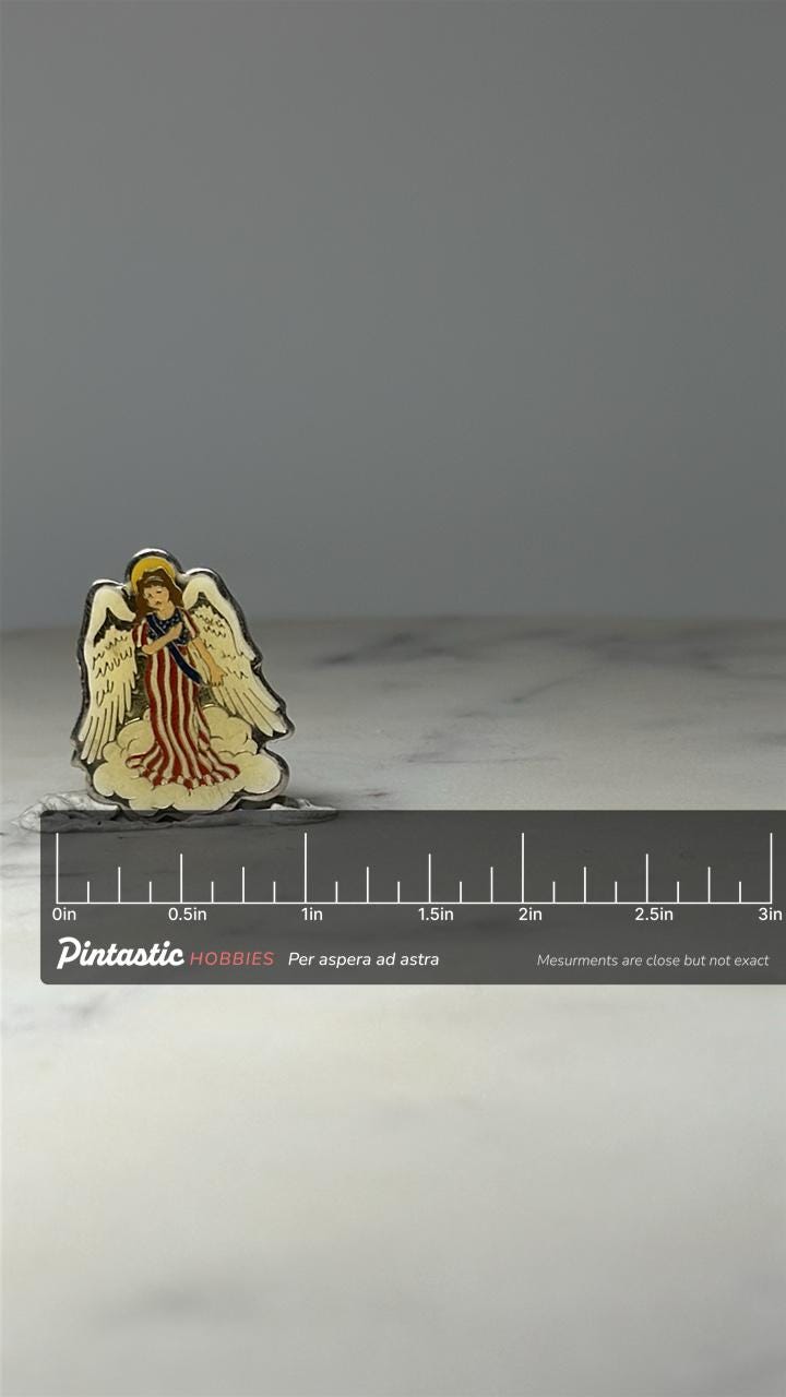 Patriotic Angel Enamel Pin: Red White Blue - Religious Accessory with ruler overlay for size reference