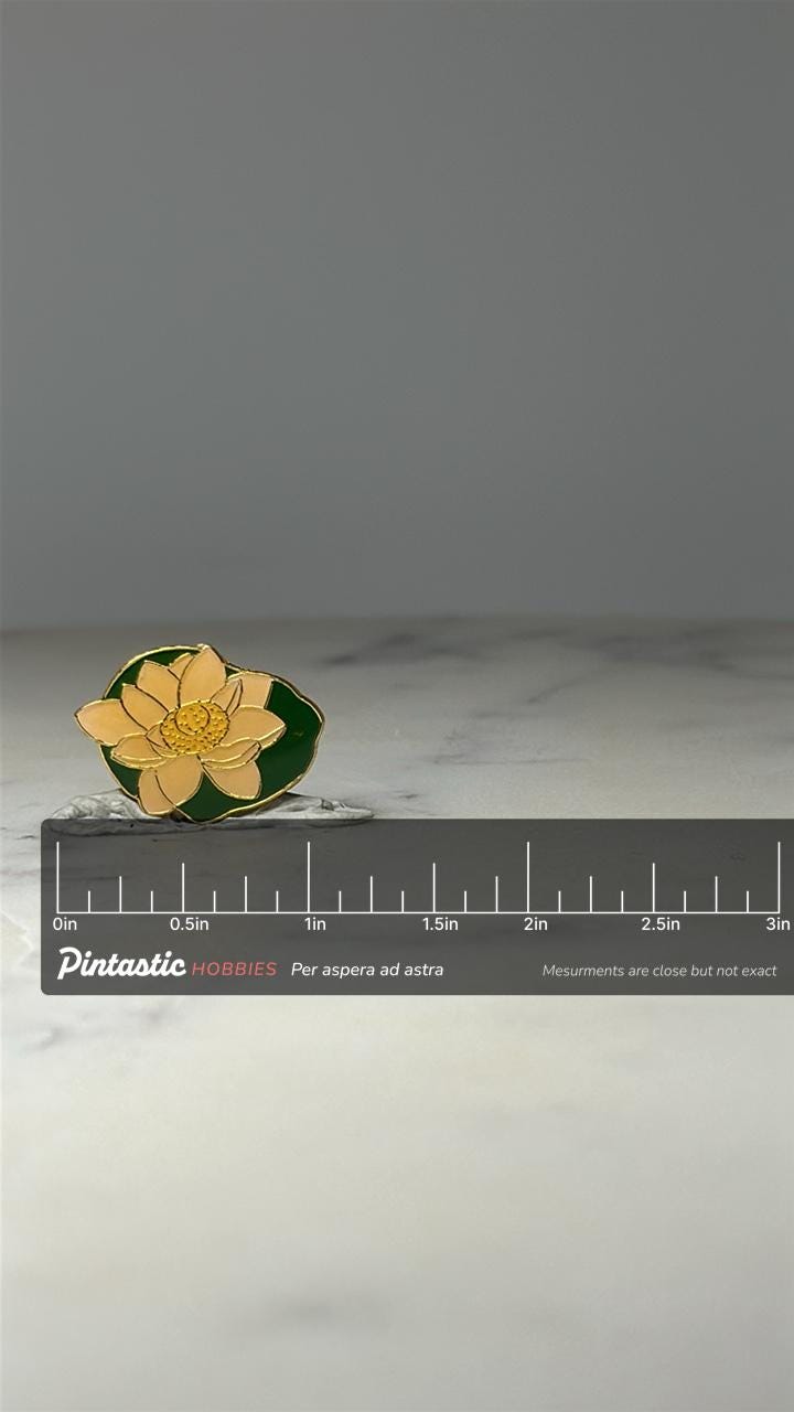 Lotus Flower Enamel Pin: Gold Tone & Green - Floral Nature Accessory with ruler overlay for size reference