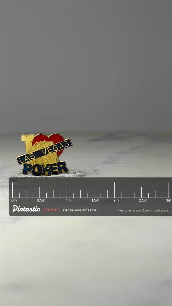 I Love Las Vegas Poker Pin: Gold Tone Enamel - Vintage Casino Souvenir with ruler overlay for size reference
