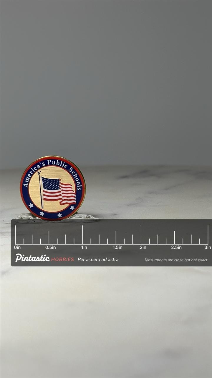 Americas Public Schools Enamel Pin: Red White Blue - Patriotic Accessory with ruler overlay for size reference