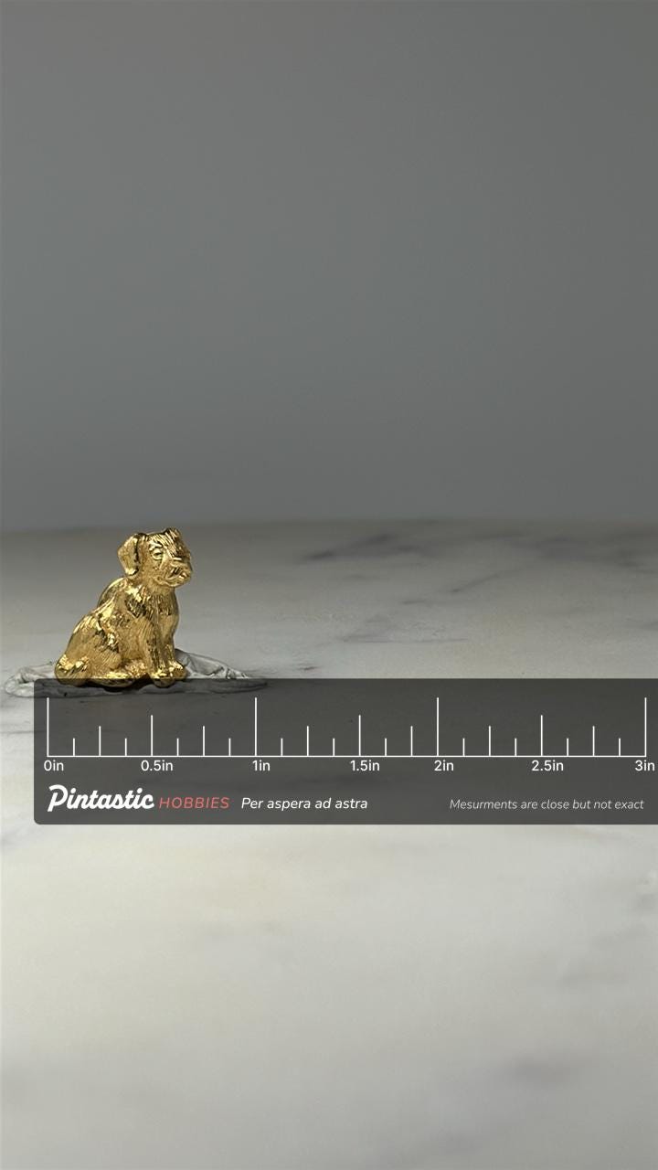 Puppy Dog Lapel Pin: Gold Tone Textured - Vintage Animal Accessory with ruler overlay for size reference