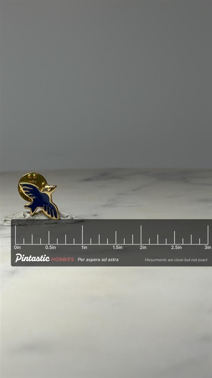 Blue Bird Enamel Lapel Pin: Gold Tone - Vintage Nature Accessory with ruler overlay for size reference