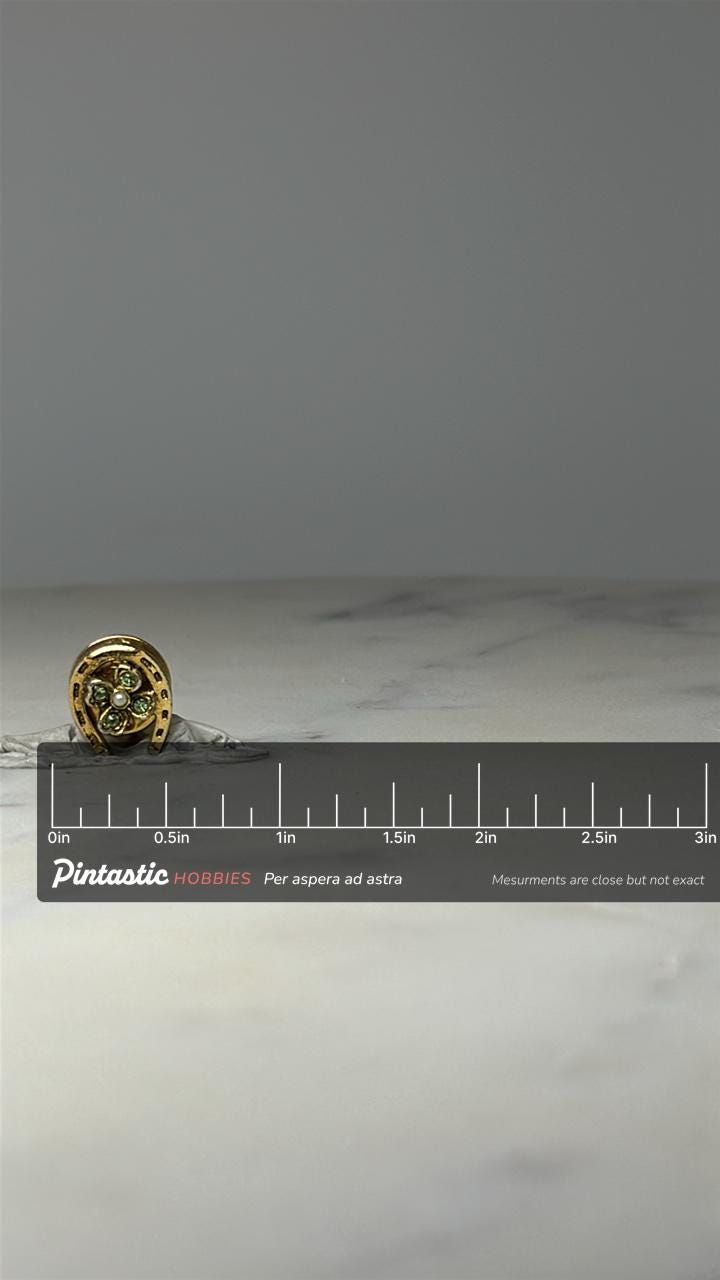 Lucky Horseshoe Clover Pin: Gold Tone Green Enamel - Irish Theme Accessory with ruler overlay for size reference