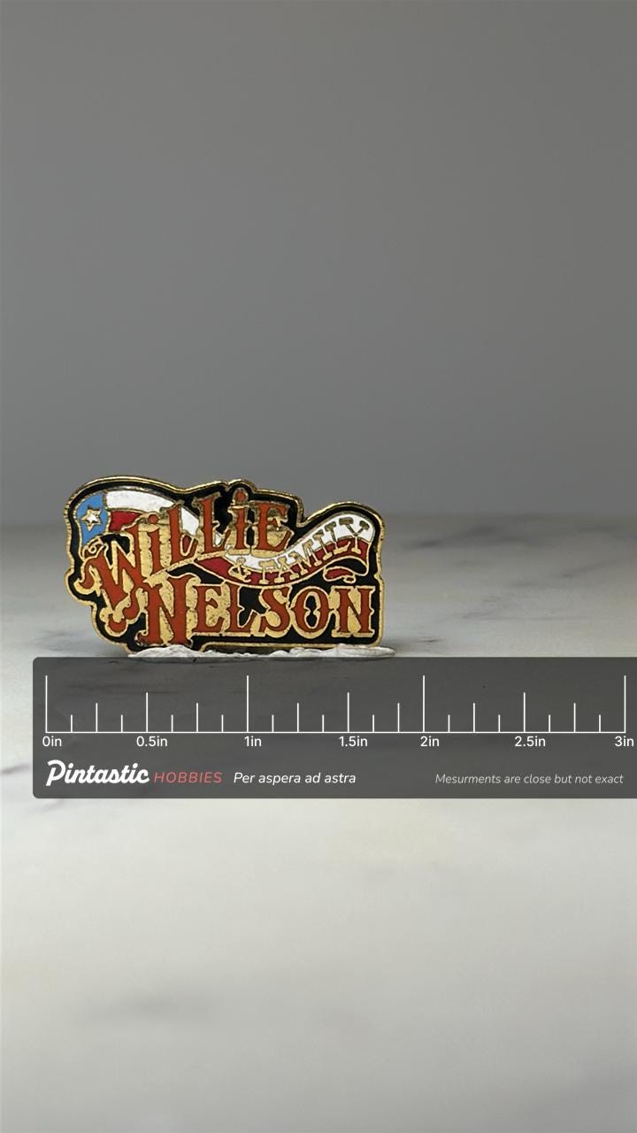 Willie Nelson & Family Enamel Pin: Gold Tone - Country Music Accessory with ruler overlay for size reference