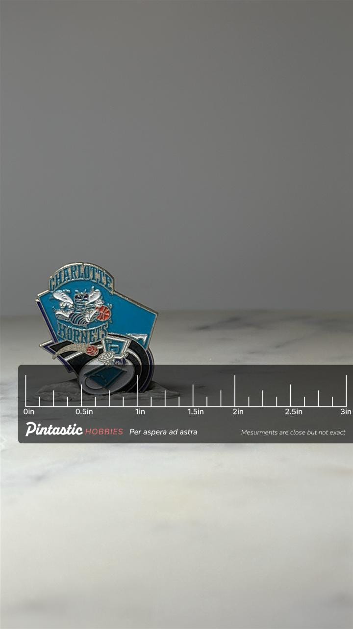 Charlotte Hornets Enamel Pin: Teal Purple - 1990s NBA Accessory with ruler overlay for size reference