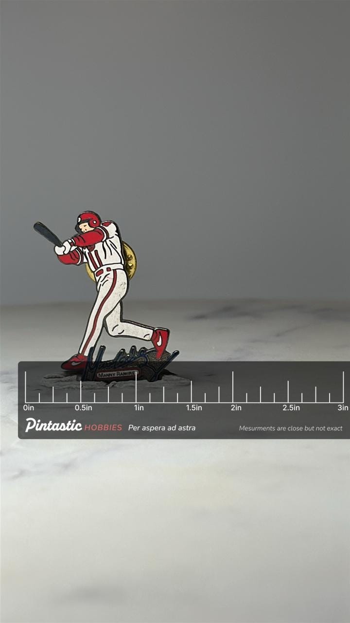 Manny Ramirez Baseball Player Pin: Red White Enamel - Sports Accessory with ruler overlay for size reference