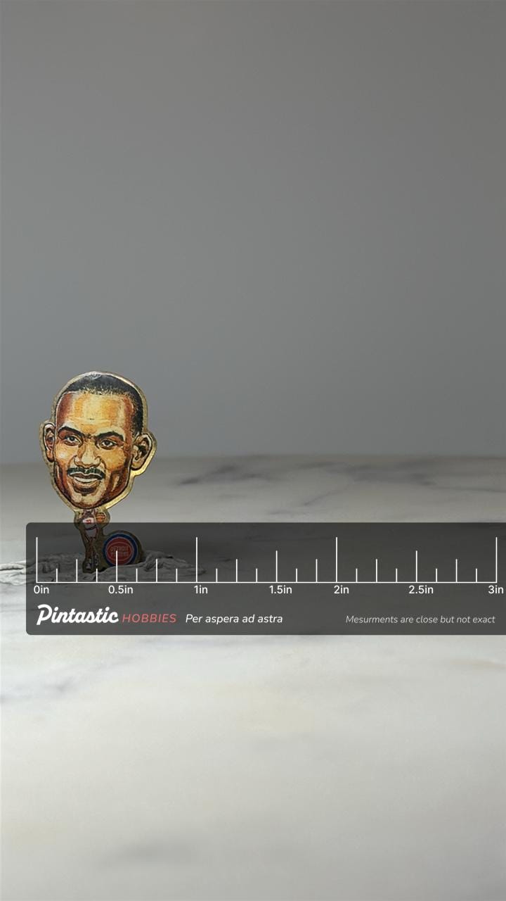 Vintage Joe Dumars Pinheads Pin: Detroit Pistons NBA Lapel Pin – 90s Basketball Collectible with ruler overlay for size refer