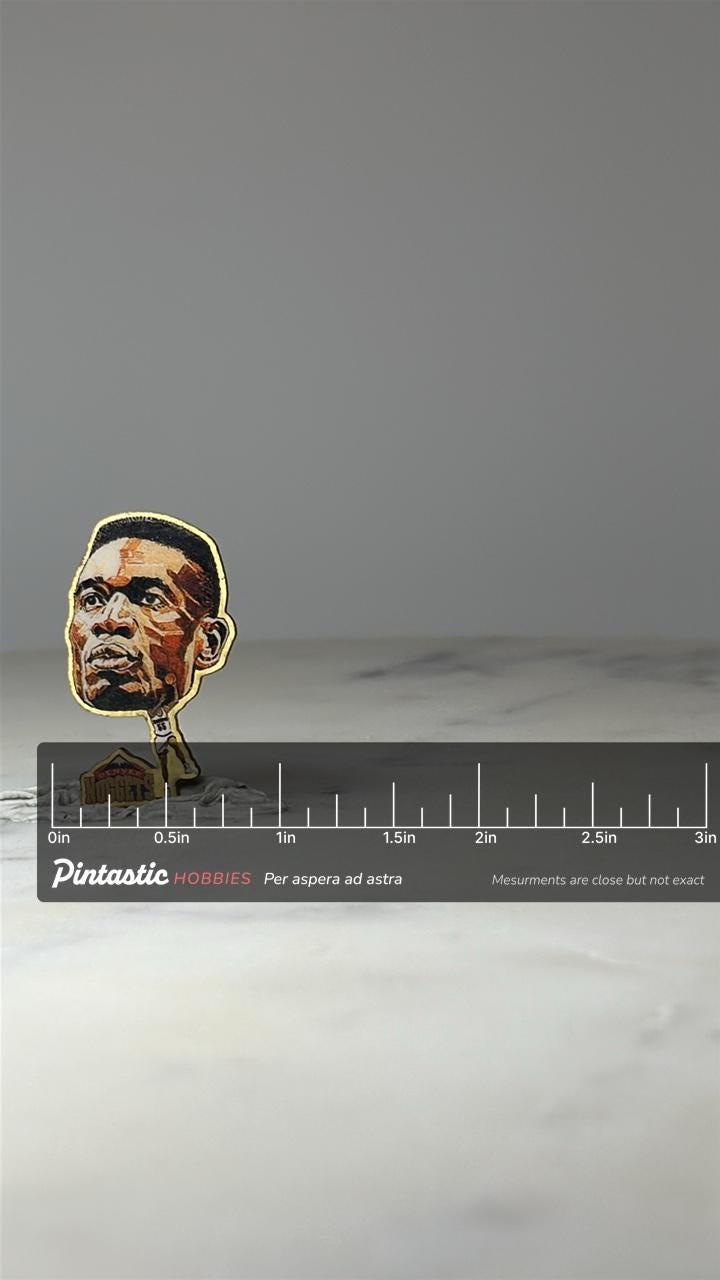 Vintage Dikembe Mutombo Pinheads Pin: Denver Nuggets NBA Lapel Pin – 90s Basketball Collectible with ruler overlay for size r