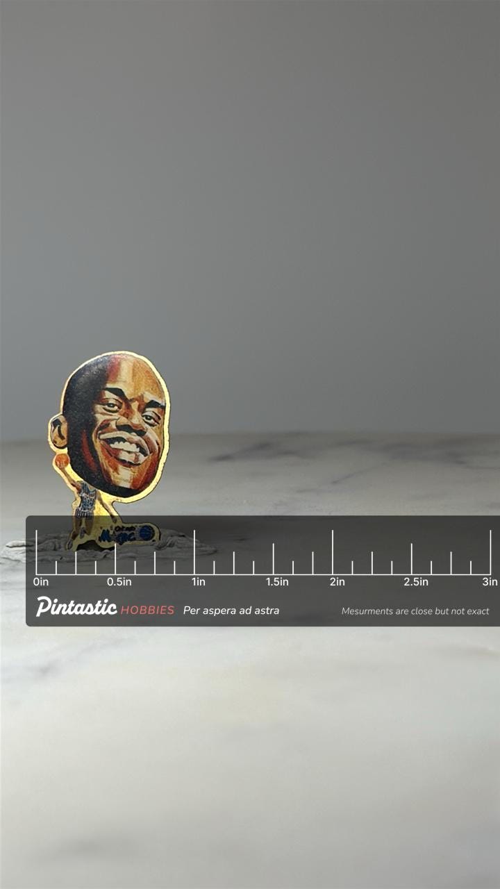 Vintage Shaquille O’Neal Pinheads Pin: Orlando Magic NBA Lapel Pin – 90s Basketball Collectible with ruler overlay for size r