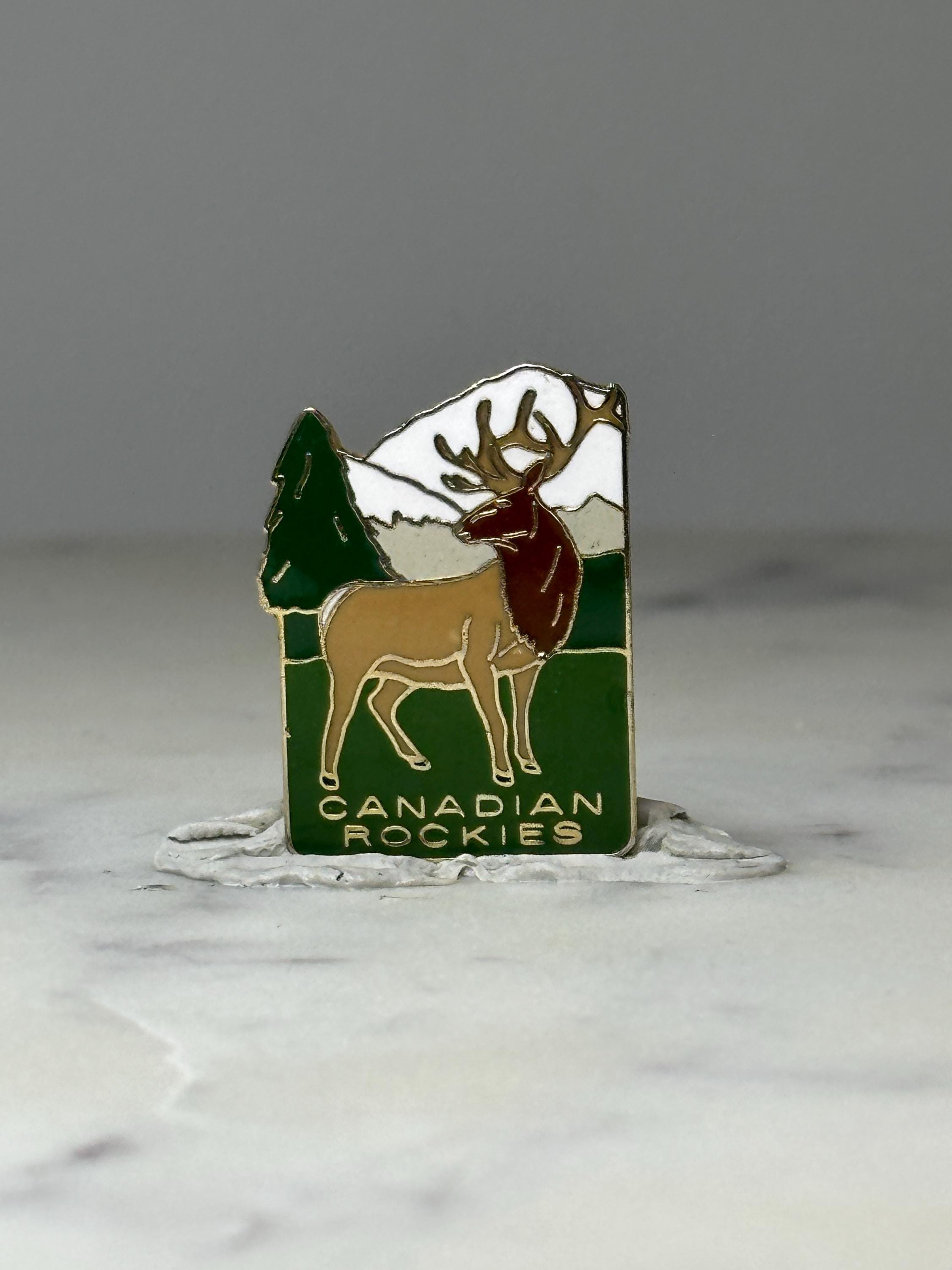 Canadian Rockies Elk Enamel Pin: Green Scenic - Travel Souvenir