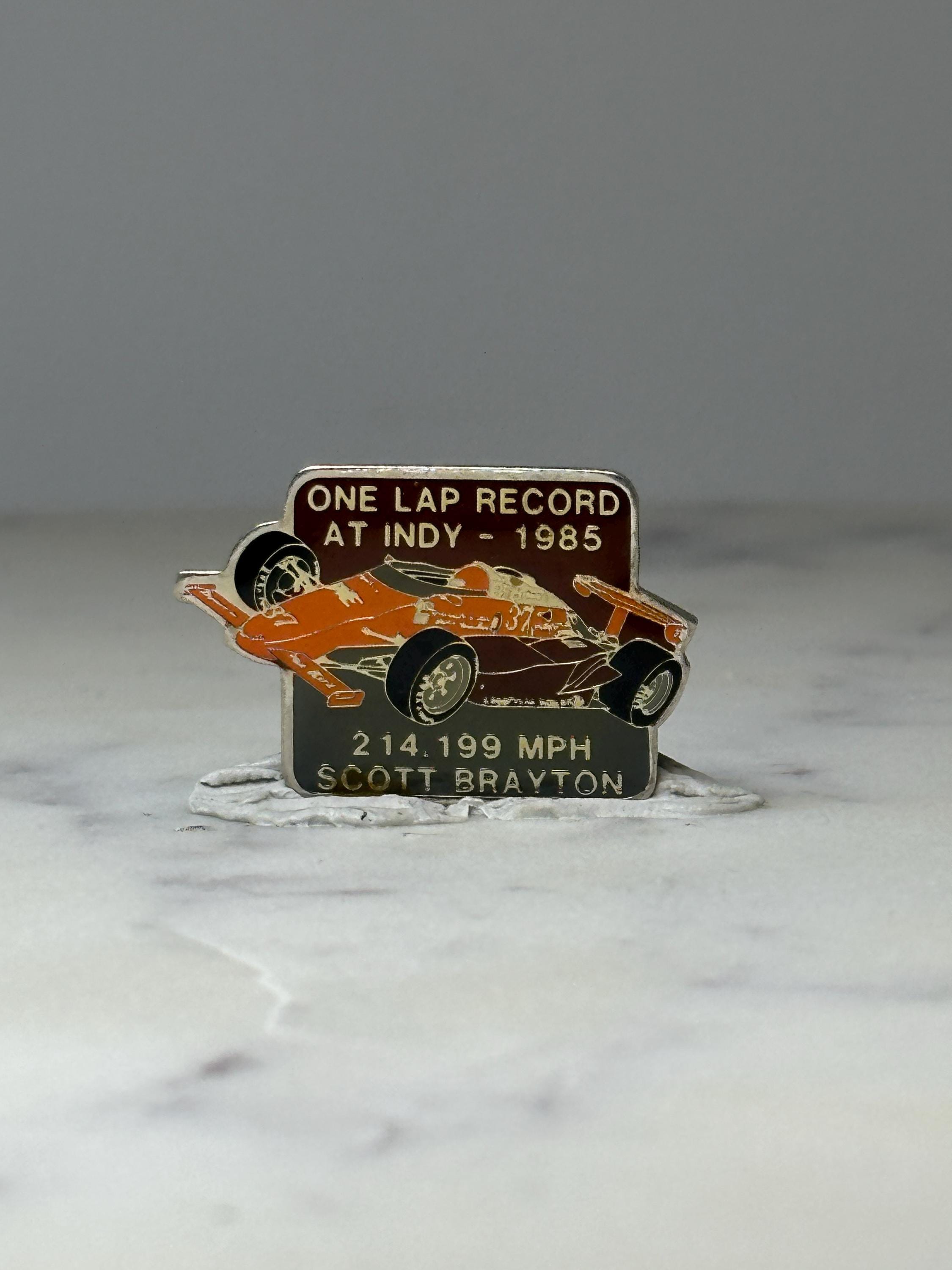 Indy 500 Race Car Pin: Orange Enamel - 1985 Racing Record