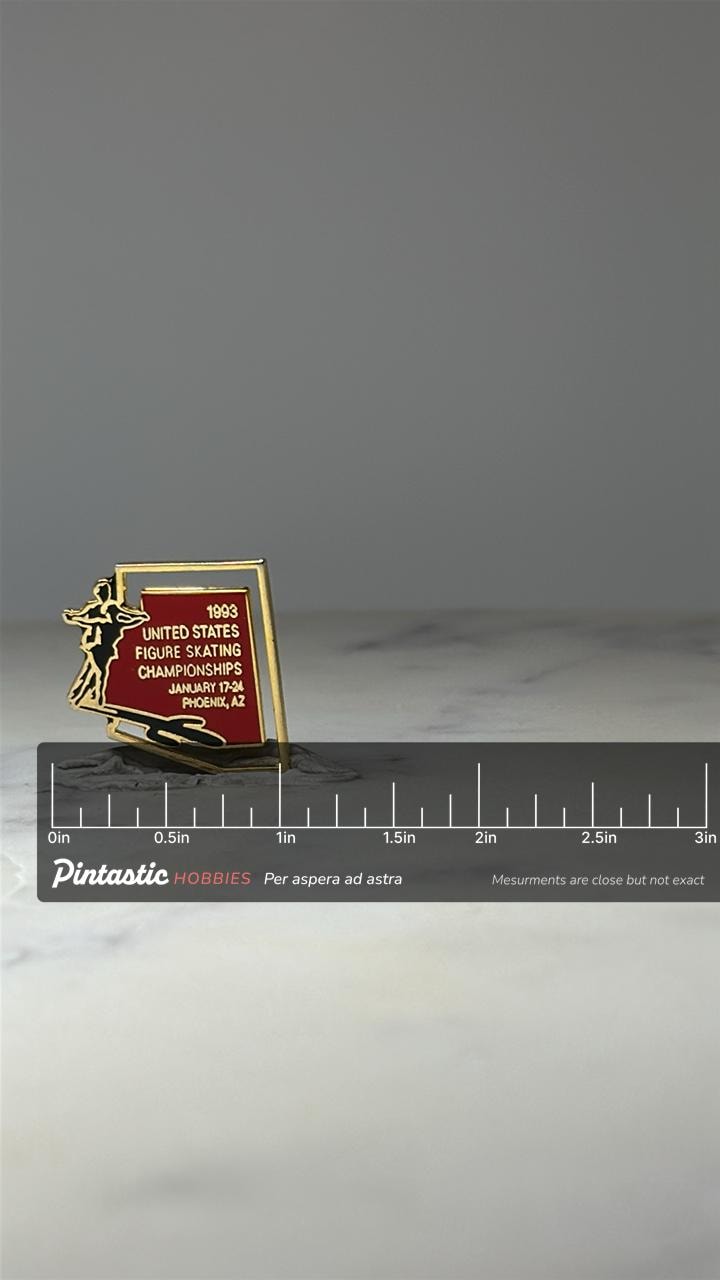 1993 US Figure Skating Pin: Red Enamel - Championship Souvenir with ruler overlay for size reference