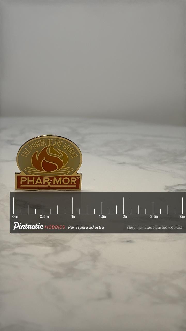 Vintage Phar Mor Pin: Gold Tone Enamel - 1990s Store Promo with ruler overlay for size reference