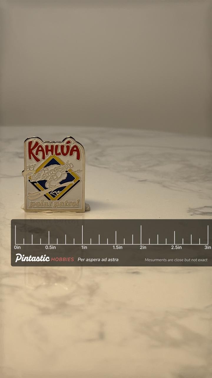 Vintage Kahlua Polar Patrol Enamel Pin: White Red Blue - 1990s Promo Accessory with ruler overlay for size reference