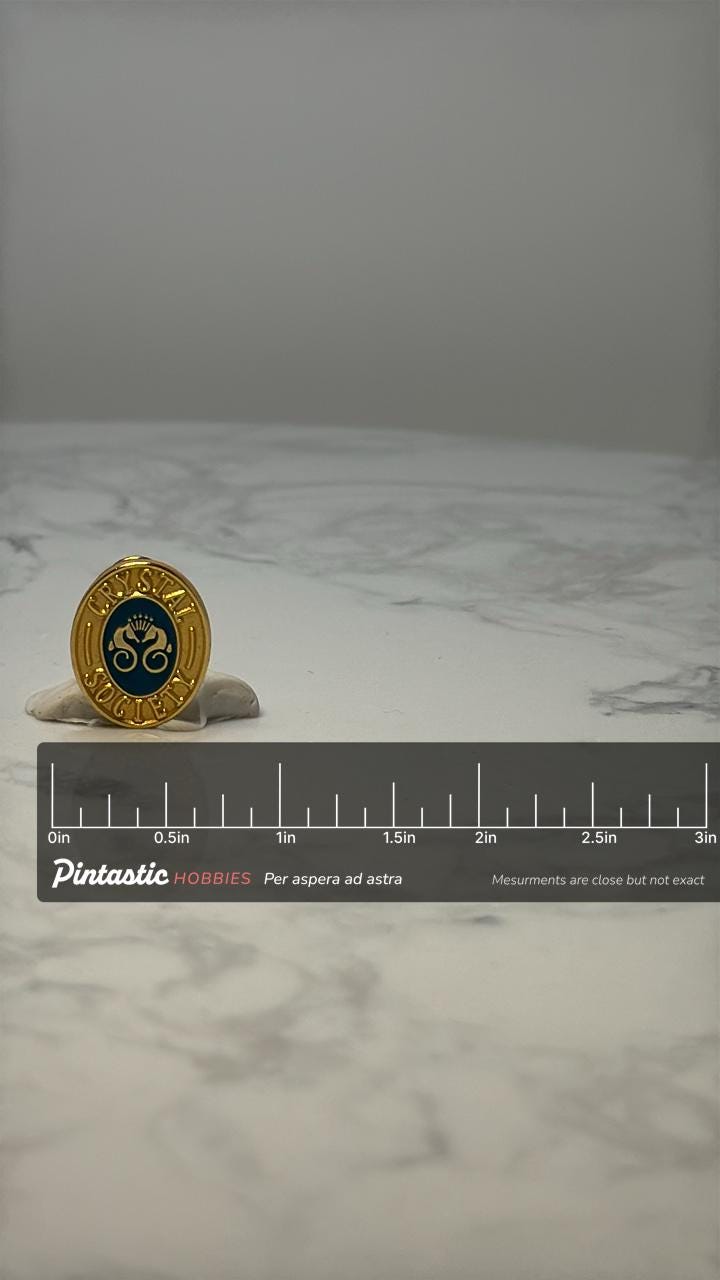 Vintage Crystal Society Lapel Pin: Gold Tone Enamel - Fraternal Accessory with ruler overlay for size reference