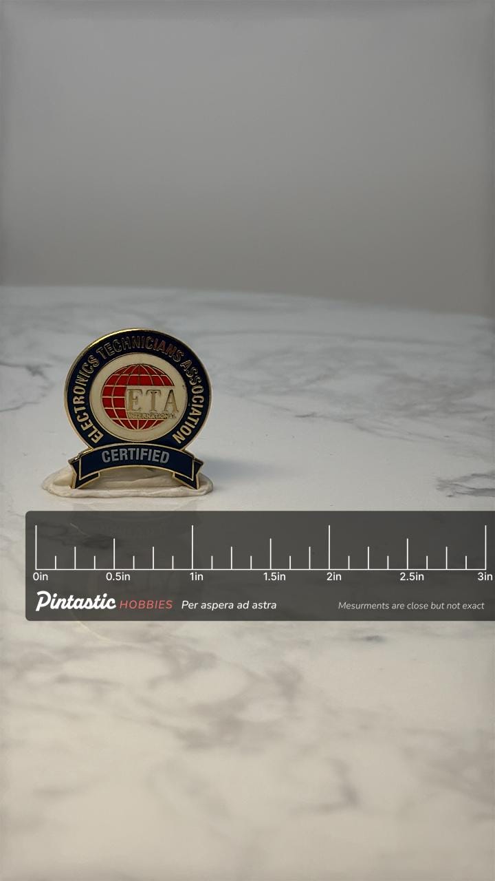 Vintage Electronics Technicians Association Pin: Gold Tone - ETA Certified Accessory with ruler overlay for size reference