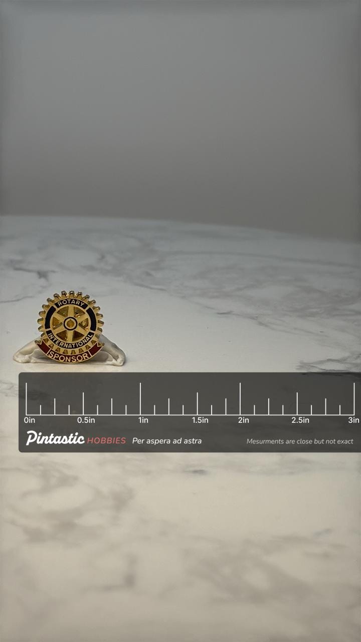 Vintage Rotary International Sponsor Lapel Pin: Gold Enamel - Service Club Accessory with ruler overlay for size reference