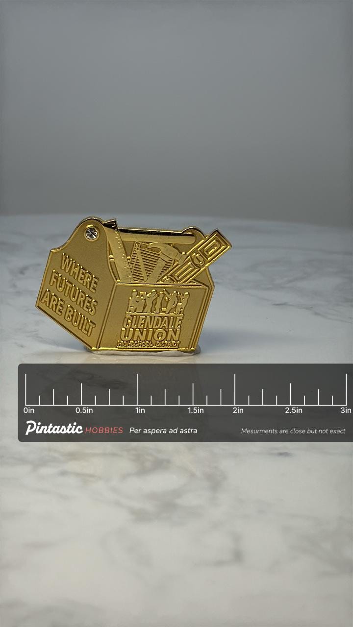 Vintage Glendale Union High School Pin: Gold Tone Tool Box - School District Accessory with ruler overlay for size reference