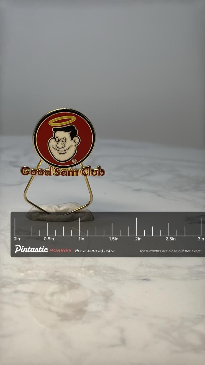 Vintage Good Sam Club Enamel Pin: Red Gold Logo - RV Club Accessory with ruler overlay for size reference