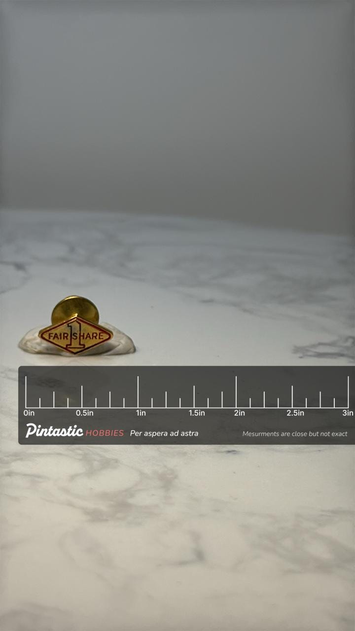 Vintage Fair Share Lapel Pin: Gold Tone Enamel - Retro Promo Accessory with ruler overlay for size reference