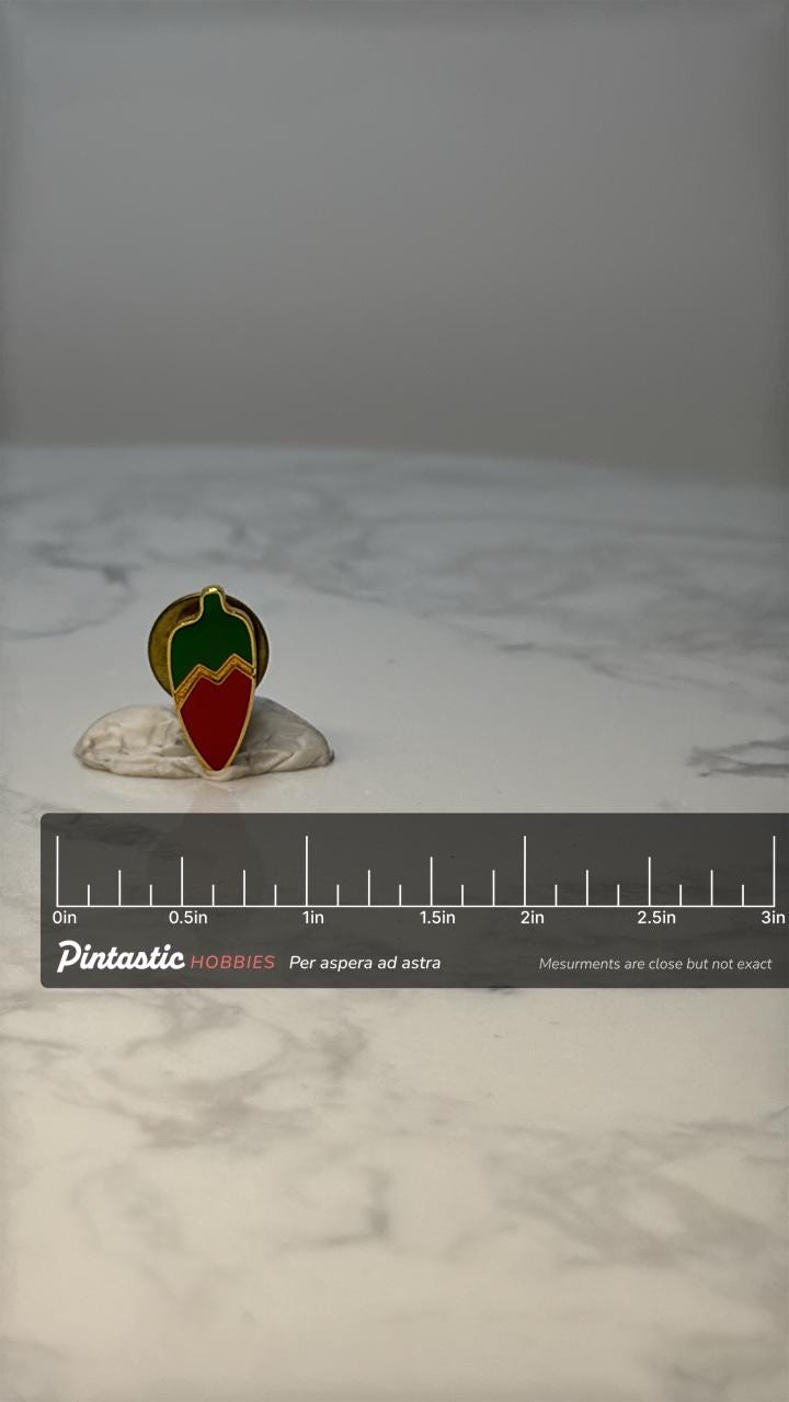 Vintage Chili Pepper Enamel Lapel Pin: Red & Green Gold Tone - Food Theme Accessory with ruler overlay for size reference