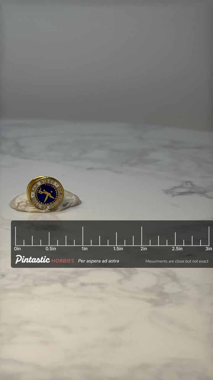 Vintage San Diego Hall of Champions Pin: Gold and Blue - Sports Souvenir Pin with ruler overlay for size reference