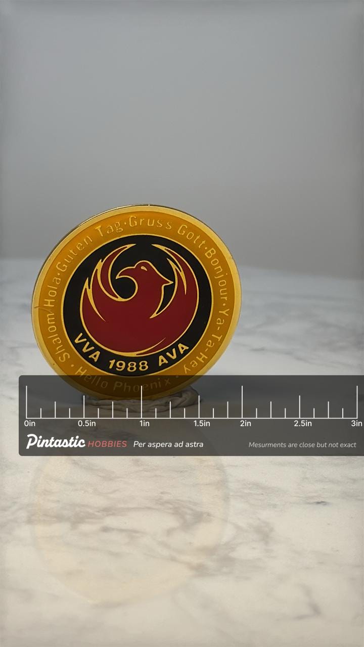 Vintage 1988 AVA Volkssport Pin: Yellow & Red Enamel - Hiking Club Event Pin with ruler overlay for size reference