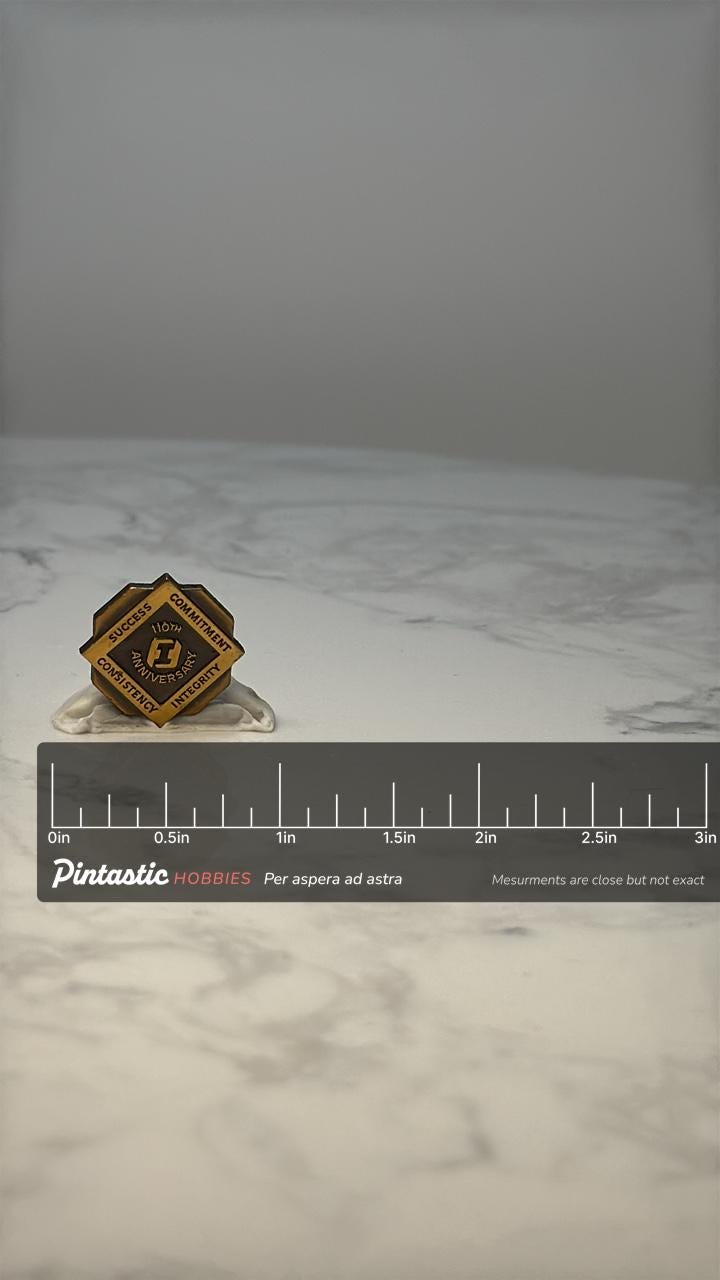 Vintage First Interstate Bank 110th Anniversary Employee Pin - Corporate Service Award Pin with ruler overlay for size refere
