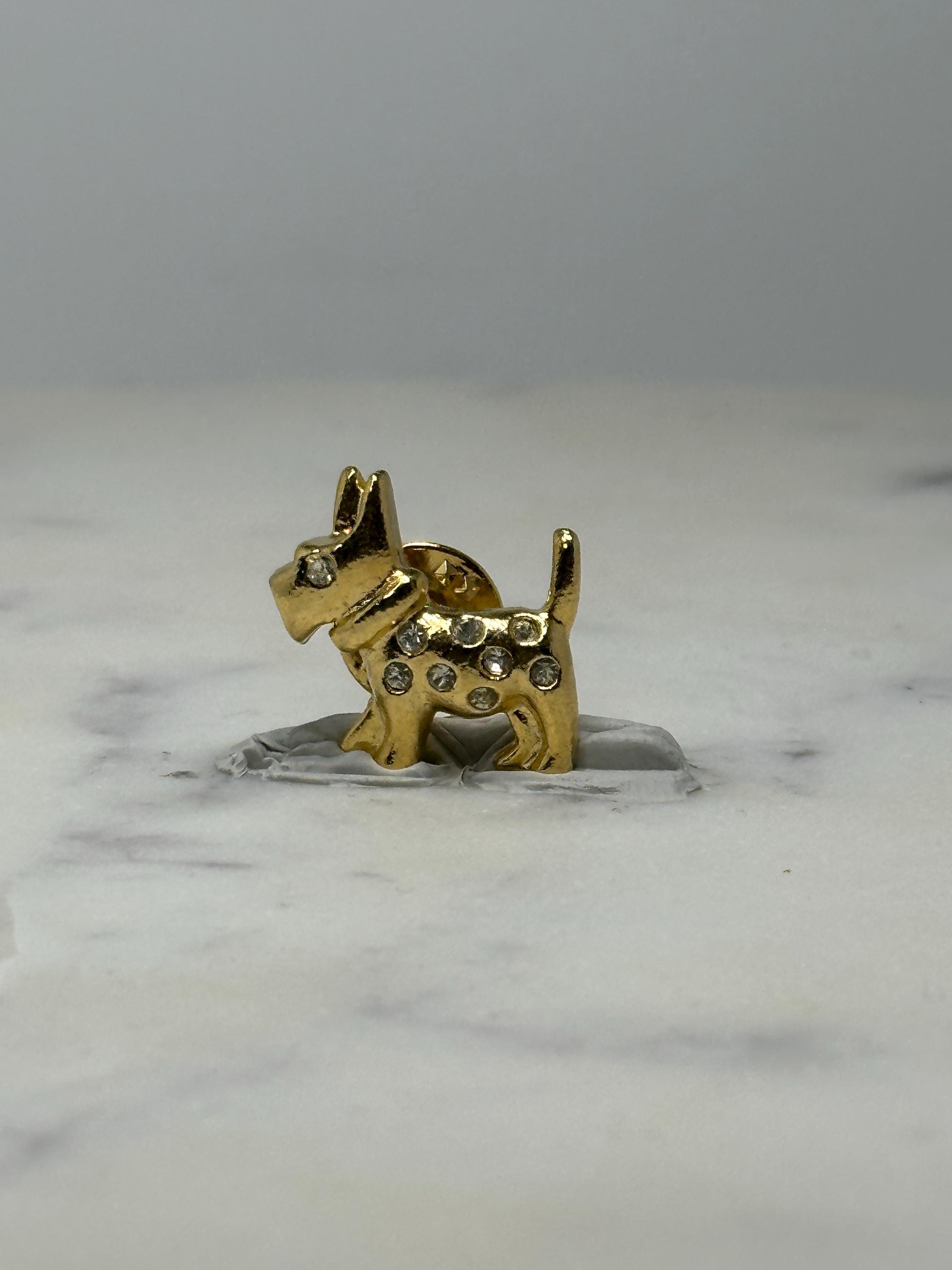 Vintage Scottie Dog Lapel Pin: Gold Tone Rhinestone - 1980s Accessory